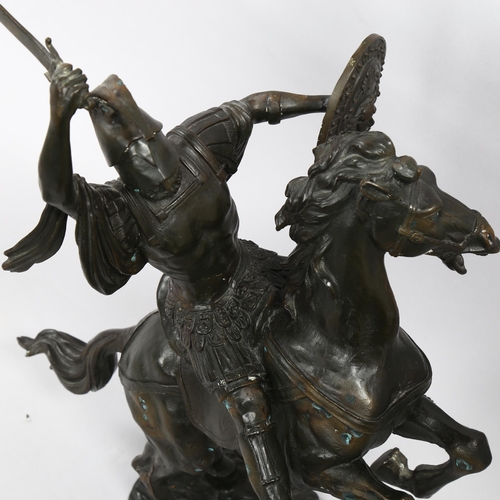 1178 - Patinated bronze sculpture, Greek warrior on horseback, height 56cm, reproduction