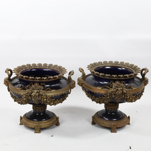 1179 - Pair of ornate gilt-bronze and blue glazed ceramic urns, with Classical mask handles, height 37cm, w... 