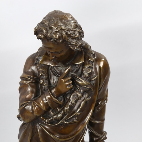 1180 - Patinated bronze sculpture of an artist, on black marble base, height 70cm, reproduction