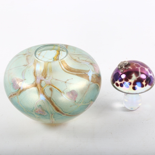 1189 - Siddy Langley, iridescent studio glass vase, signed, and a John Ditchfield glass mushroom with frog,... 