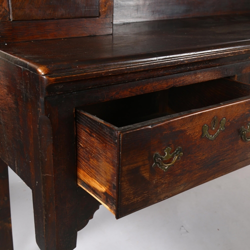 1190 - An 18th century 2 section oak dresser with open plate rack and 3 drawer base, 184 x 188 x 46cm