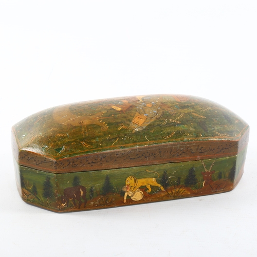 1191 - An Antique Middle Eastern papier mache box, with dragon hunting scene, length 19cm