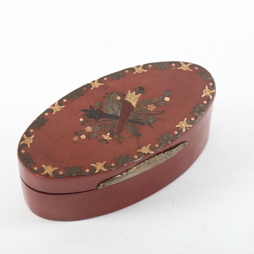 1192 - A 19th century tortoishell box with gold and silver metal inlay, length 9cm