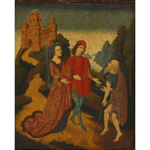 2002 - Antique oil on wood panel, Medieval couple and beggar on a road near a castle, probably 18th or 19th... 