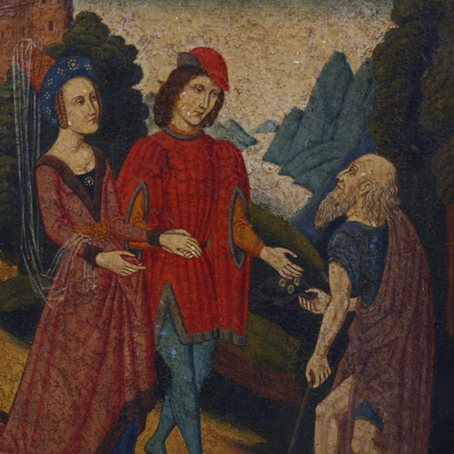 2002 - Antique oil on wood panel, Medieval couple and beggar on a road near a castle, probably 18th or 19th... 