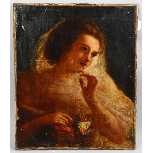 2007 - 19th century oil on canvas, portrait of a young woman with flowers, unsigned, 60cm x 50cm, unframed