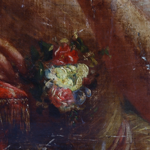2007 - 19th century oil on canvas, portrait of a young woman with flowers, unsigned, 60cm x 50cm, unframed
