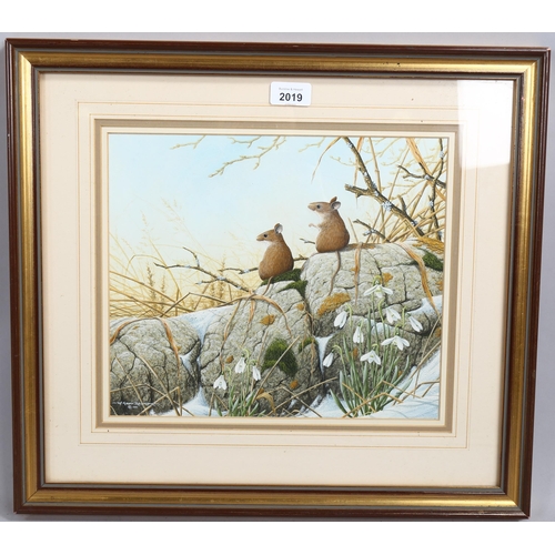 2019 - W Geoff Rollinson (born 1946), gouache, field mice and snowdrops 1991, signed, 27cm x 32cm, framed