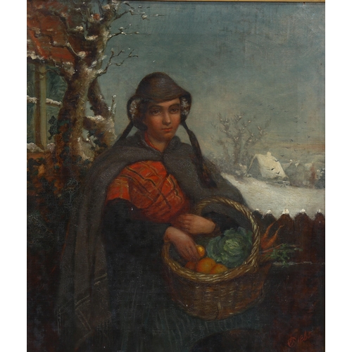 2023 - 19th century oil on canvas, girl with basket of vegetables, signed with monogram, dated 1865, 36cm x... 