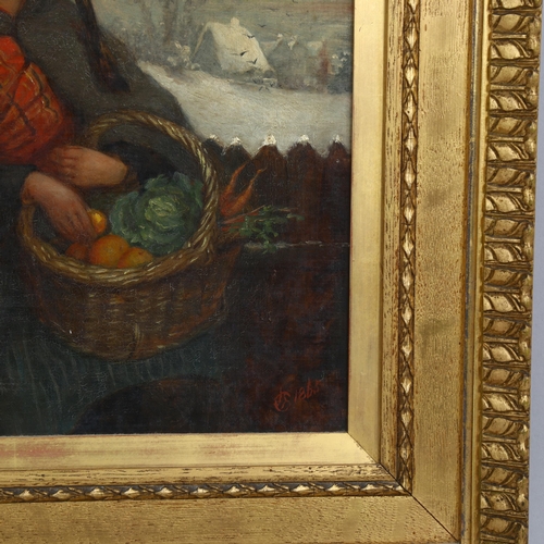 2023 - 19th century oil on canvas, girl with basket of vegetables, signed with monogram, dated 1865, 36cm x... 