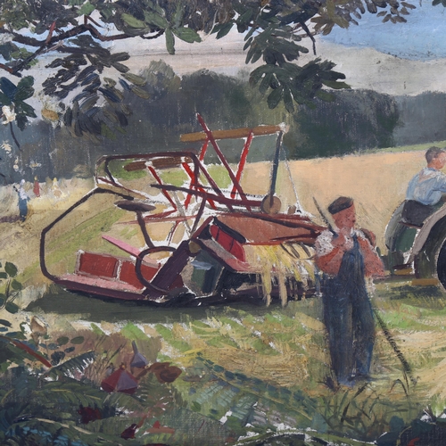 2030 - Mid-20th century oil on canvas, harvest workers, unsigned, 40cm x 76cm, unframed