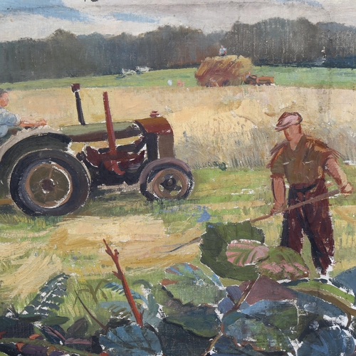 2030 - Mid-20th century oil on canvas, harvest workers, unsigned, 40cm x 76cm, unframed