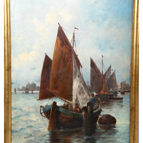 2031 - J Fernier, early 20th century oil on canvas, sailing barges Fecamps Harbour Normandy, 70cm x 47cm, f... 