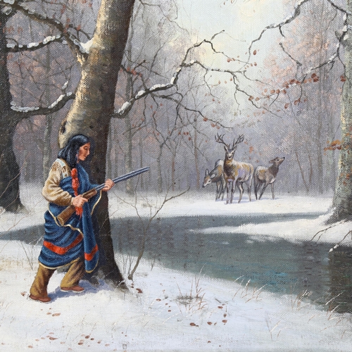 2032 - After Louis Akin, oil on canvas, Native American hunter, 50cm x 80cm, unframed