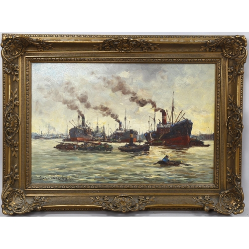 2033 - Early to mid-20th century oil on canvas, busy docklands scene, indistinctly signed, 40cm x 60cm, fra... 