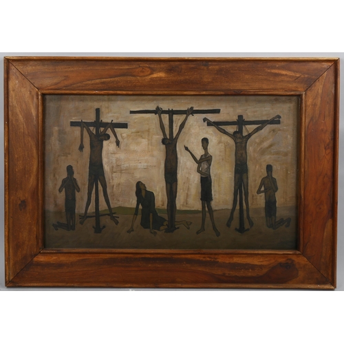 2036 - Oil on board, modernist crucifixion scene, unsigned, hardwood frame, overall frame dimensions 68cm x... 