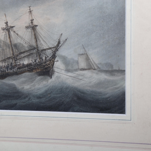 2040 - Early 19th century marine watercolour, a West Indiaman in distress, signed Atkins, 16cm x 22cm, fram... 