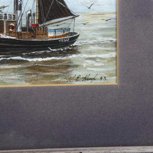 2041 - K Hemp, watercolour, Yarmouth steam barge Kitty George entering harbour, signed and dated 1993, 16cm... 