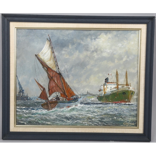 2042 - A Kennedy, oil on canvas, shipping on the Medway, signed, 40cm x 50cm, framed