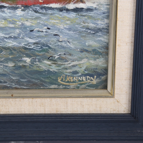 2042 - A Kennedy, oil on canvas, shipping on the Medway, signed, 40cm x 50cm, framed