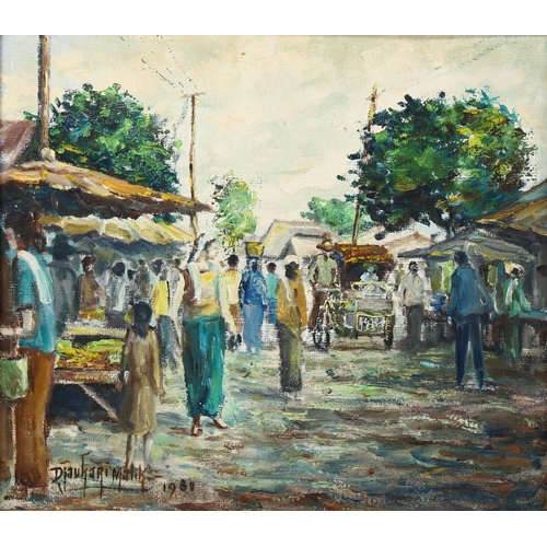 2044 - D Malik, oil on canvas, Indian street market, 27cm x 30cm, framed