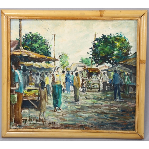 2044 - D Malik, oil on canvas, Indian street market, 27cm x 30cm, framed