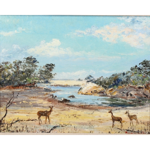 2045 - Oil on canvas board, deer beside a lake, indistinctly signed under the mount, 34cm x 43cm, framed