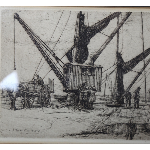 2047 - Philip Pimlott (1871 - 1960), etching, harbour scene, signed in the plate, image 11cm x 19.5cm, fram... 