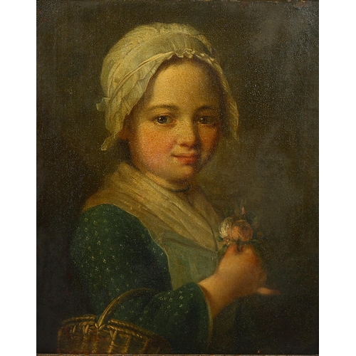 2049 - 18th century French School, oil on canvas, portrait of a young girl with a flower basket, unsigned w... 