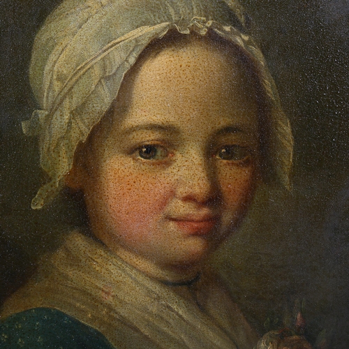 2049 - 18th century French School, oil on canvas, portrait of a young girl with a flower basket, unsigned w... 