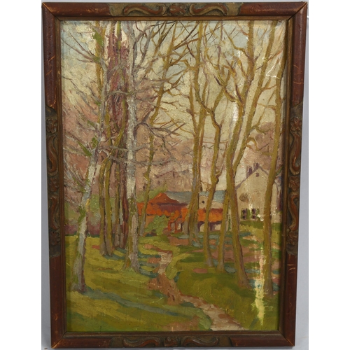 2050 - Mid-20th century oil on wood panel, woodland buildings, unsigned, 38cm x 27cm, framed