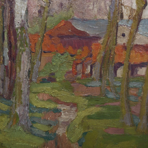2050 - Mid-20th century oil on wood panel, woodland buildings, unsigned, 38cm x 27cm, framed
