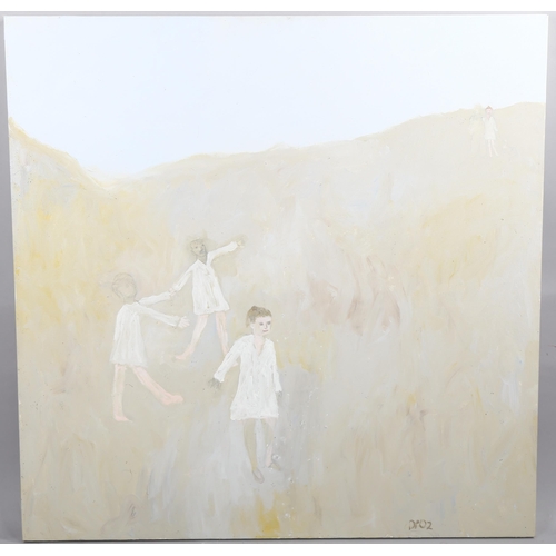 2063 - Large contemporary oil on canvas, figures in landscape, indistinctly signed, 100cm x 100cm, unframed