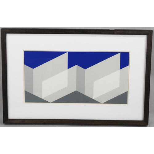 2064 - Josef Albers, colour print, Repetition against blue, abstract, unsigned, 25cm x 50cm, framed