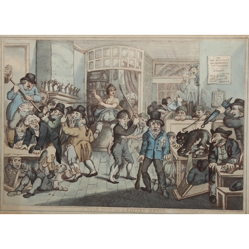 2073 - Thomas Rowlandson, hand coloured engraving, a mad dog in a coffee house, circa 1809, image 27cm x 38... 