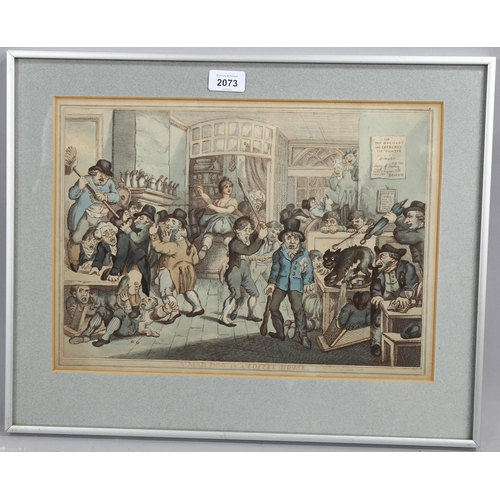 2073 - Thomas Rowlandson, hand coloured engraving, a mad dog in a coffee house, circa 1809, image 27cm x 38... 