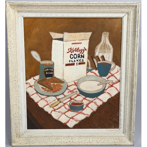 2075 - Contemporary oil on board, kitchen still life, unsigned, 34cm x 44cm, framed