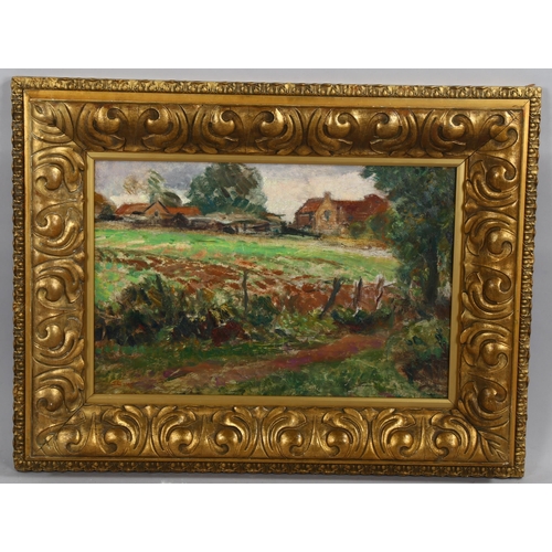 2076 - 19th/20th century oil on board, impressionist farm scene, signed with monogram, 34cm x 52cm, framed