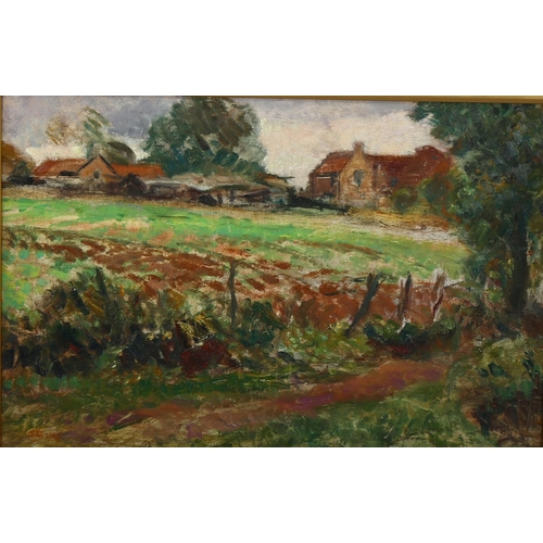 2076 - 19th/20th century oil on board, impressionist farm scene, signed with monogram, 34cm x 52cm, framed