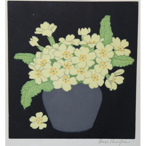 2082 - John Hall Thorpe, woodcut print, primroses, image 16cm x 15cm, framed