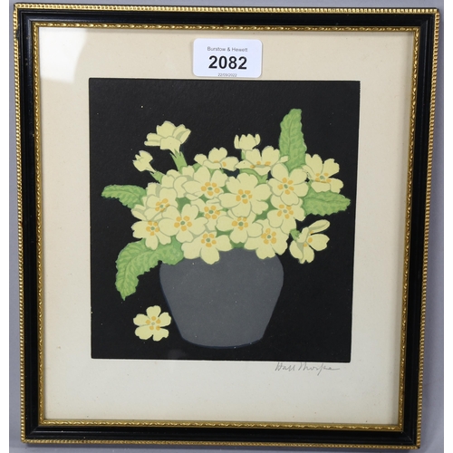 2082 - John Hall Thorpe, woodcut print, primroses, image 16cm x 15cm, framed