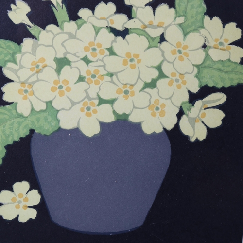 2082 - John Hall Thorpe, woodcut print, primroses, image 16cm x 15cm, framed