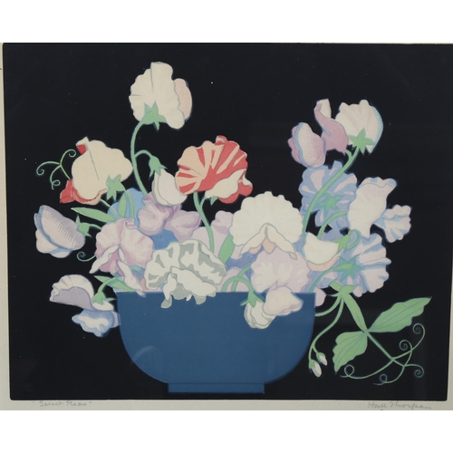 2084 - John Hall Thorpe, colour woodcut print, sweet peas, signed in pencil, image 24cm x 29cm, framed