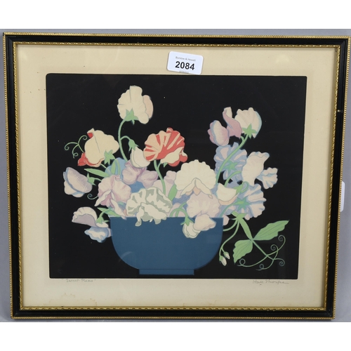 2084 - John Hall Thorpe, colour woodcut print, sweet peas, signed in pencil, image 24cm x 29cm, framed