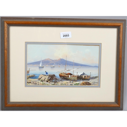 2085 - U Gianni, gouache, Bay Of Naples, signed, 14cm x 25cm, framed