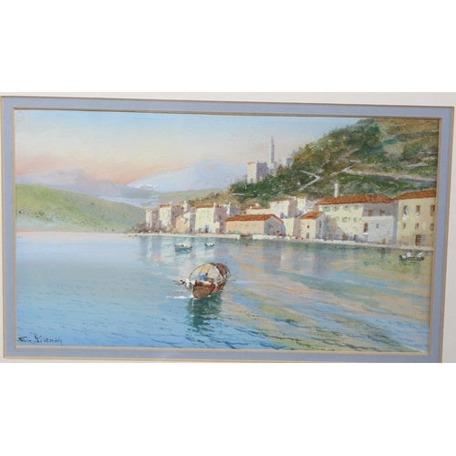 2086 - E Gianni, watercolour, Neopolitan harbour, signed, 14cm x 25cm, framed