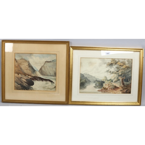 2087 - 2 x 19th century watercolours, boat on the River Severn, unsigned, 27cm x 40cm, and castle above rap... 