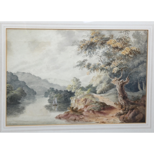 2087 - 2 x 19th century watercolours, boat on the River Severn, unsigned, 27cm x 40cm, and castle above rap... 