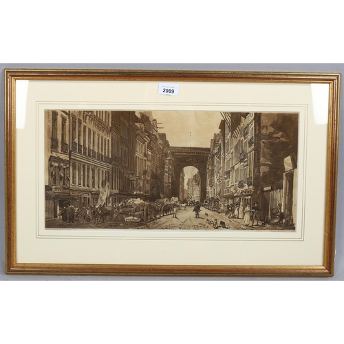 2089 - F C Lewis after T Girtin, aquatint, street scene, image 23cm x 48cm, framed