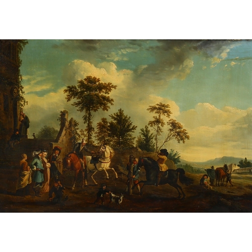 2091 - 18th/19th century oil on wood panel, horses and riders gathering outside a chateau, unsigned, indist... 